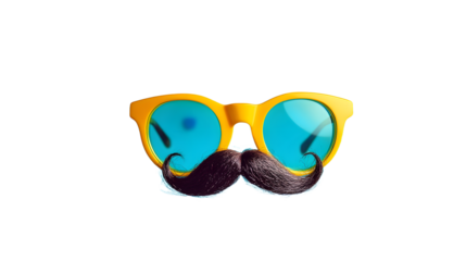 Colorful confetti and yellow novelty glasses with fake mustache on vibrant background celebrating playful humor and jokes in concept of april fool's day.