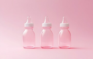 Three pink baby bottles lined up against a soft pink background, perfect for baby care and childcare themes. Ideal for advertisements, blogs, and articles related to parenting.