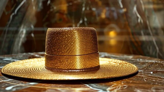 Golden Straw Hat on Marble Table