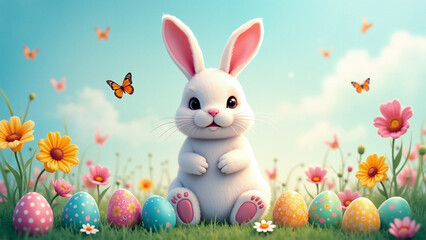 Cute Easter bunny surrounded by colorful flowers, Easter eggs, and butterflies, creating a whimsical spring atmosphere