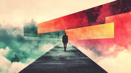 A lone figure walks a path forward, surrounded by vibrant, abstract colors and clouds. An evocative image of journey and dreams.