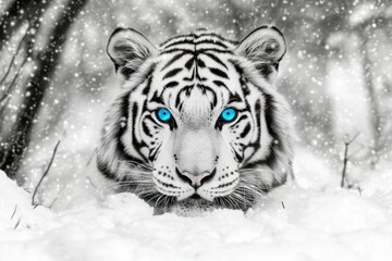 Fototapeta premium Majestic white tiger, snowy forest, winter scene, wildlife poster