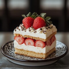 Delicious strawberry shortcake slice with cream and chocolate shavings