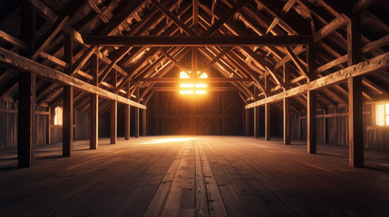Rustic Wooden Hall with Exposed Beams, Soft Ambient Lighting, and a Welcoming Atmosphere, Creating a Cozy Yet Spacious Environment Perfect for Showcasing Text copy space