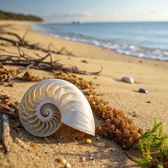 Beautiful nautilus shell resting on sandy beach with gentle waves in background