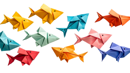 Colorful origami fish arranged in a whimsical pattern, highlighting creativity for april fool's day pranks