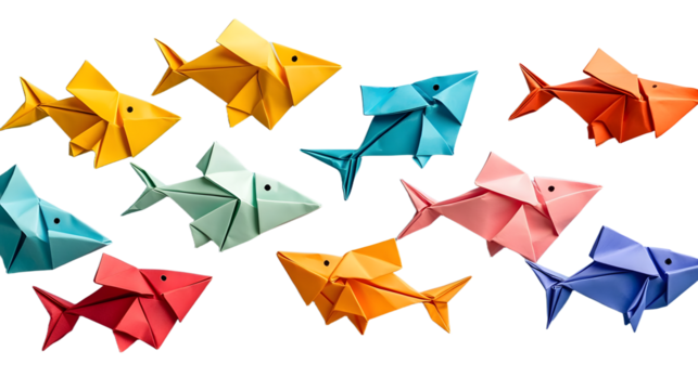 Colorful origami fish arranged in a whimsical pattern, highlighting creativity for april fool's day pranks