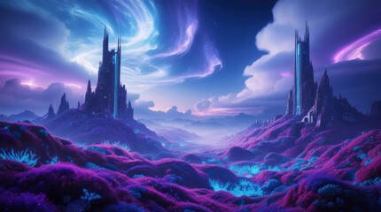 Surreal futuristic cityscape with dreamlike lavender fields and glowing skies. 3D illustration. Background