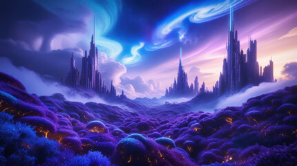 Surreal futuristic cityscape with dreamlike lavender fields and glowing skies. 3D illustration. Background