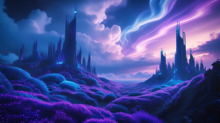 Surreal futuristic cityscape with dreamlike lavender fields and glowing skies. 3D illustration. Background