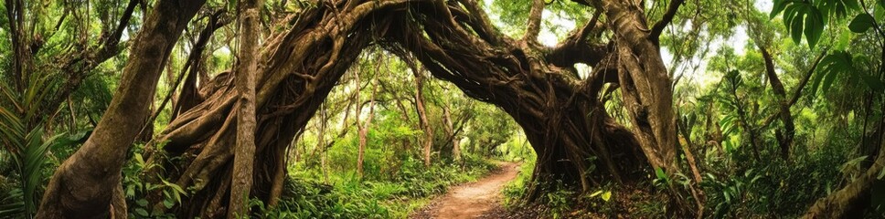 Panoramic photo of an ancient tree archway in the jungle, with winding vines and lush foliage reaching up to form the entrance way