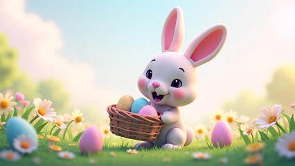 Cute bunny holding a basket filled with pastel-colored Easter eggs, with a soft background of spring flowers and green grass. 3d illustration.