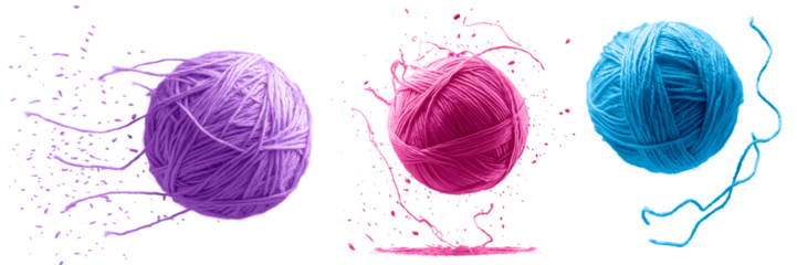 Colorful yarn balls isolated on a transparent background. Three vibrant knitting threads in purple, pink, and blue tones, unraveling in motion with dynamic fiber strands.