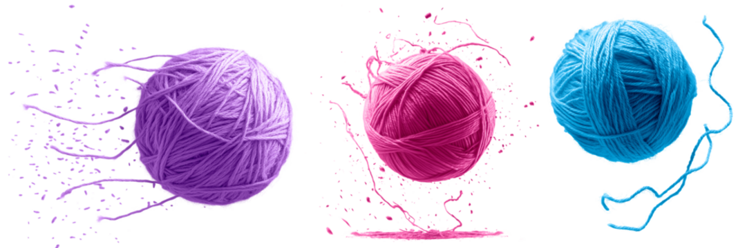 Colorful yarn balls isolated on a transparent background. Three vibrant knitting threads in purple, pink, and blue tones, unraveling in motion with dynamic fiber strands.