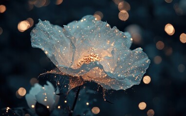 Sparkling, ethereal white flower with gold glitter, bokeh background.