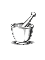 Mortar and pestle vintage engraving illustration isolated on white background,Logo of pharmacy and medicine