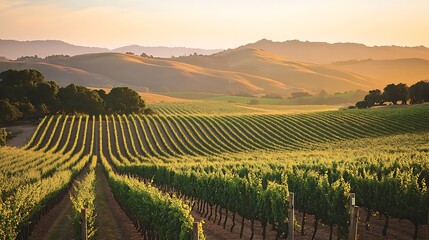Fototapeta premium Californiaa??s rolling valleys come to life with golden fields, sprawling vineyards, and breathtaking open landscapes.