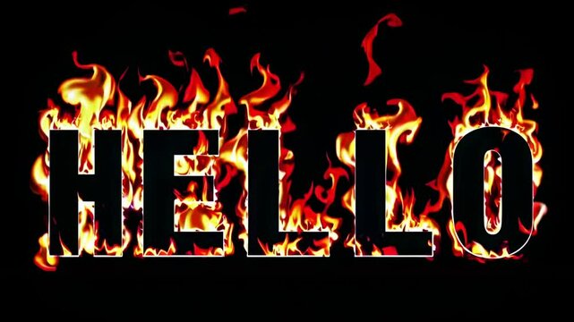Bold text 'HELLO' engulfed in flames against a black background, captured from a straight-on angle, creating a dramatic video effect.
