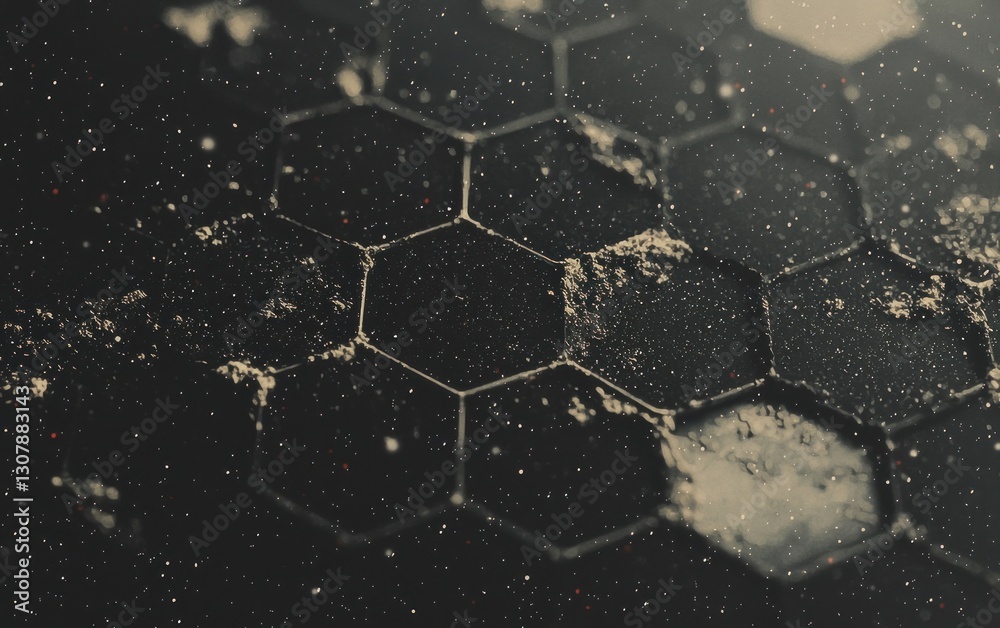 Poster abstract hexagonal grid with grunge texture and particles.