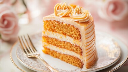 Exquisite caramel drizzled layer cake with buttercream frosting on elegant plate