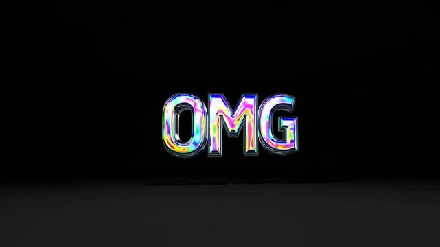 Vibrant 3D 'OMG' text with a colorful, glossy finish on a black background. Eye-level angle, perfect for a dynamic video intro or graphic element.