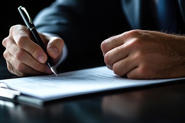 Close Up of Hands Signing Document with Black Pen on Dark Desk