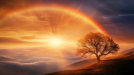 Fototapeta premium A stunning sunrise with double rainbow over misty valley