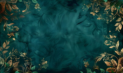 Dark green emerald background with golden leaf frame victorian vintage pattern. Horizontal background with frame of branches, banner copyspace