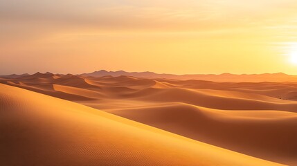 Dusk Over the Desert Horizon a?" The fading sunlight casts a golden glow over vast dunes, creating a tranquil yet mesmerizing desert ambiance.