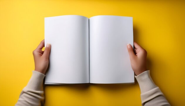 Hands holding open book with blank pages on yellow background, perfect for adding your text or design