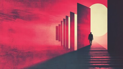 A lone figure walks towards a bright future, passing through a series of symbolic doors. Red hues dominate the surreal, dreamlike scene.