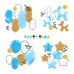 Party balloons in blue and golden colors. Watercolor balloon set. Vector Birthday party illustration