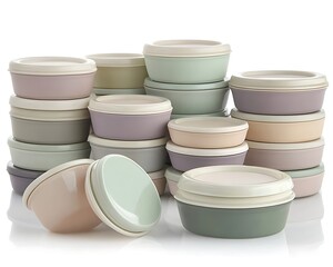 A collection of stacked containers in various pastel color tones