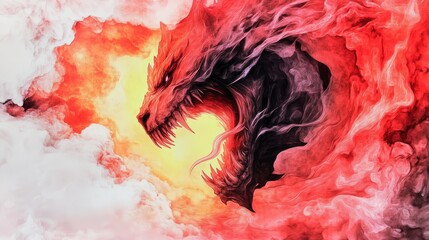 Fierce, red dragon emerging from swirling smoke, a dramatic fantasy artwork.