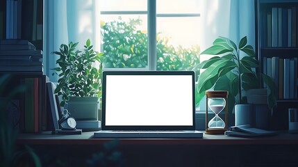 Fototapeta premium Minimalist Workspace with Laptop and Vintage Clock, A minimalist workspace with a laptop displaying a blank screen, a vintage alarm clock