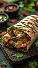Grilled chicken wrap with fresh vegetables served on a rustic wooden board