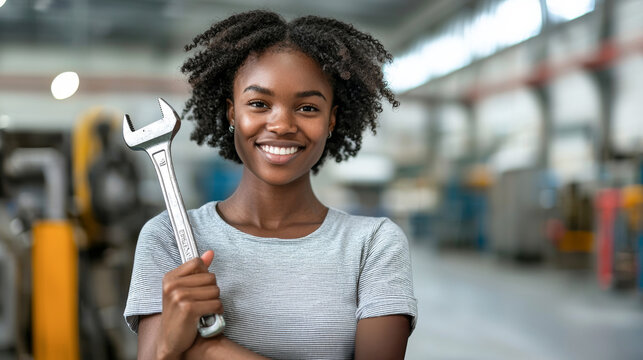 Confident african american woman holding wrench celebrating international workers day in industrial setting. concept of empowerment, skilled labor, workforce celebration