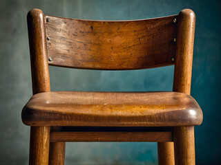 Fototapeta premium Vintage Wooden Chair: Close-up shot of a classic wooden chair against a soft backdrop, the grain of the wood is accentuated by the light, suggesting a story of functionality and simplicity.