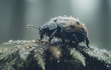 Close-up of a rain-covered beetle on a fern.