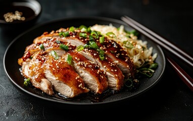 Sliced glazed chicken breast served with noodles and sesame seeds on a dark plate.