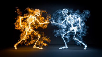 Fototapeta premium Yellow hot and blue cold human skeletons dancing or fighting on black background