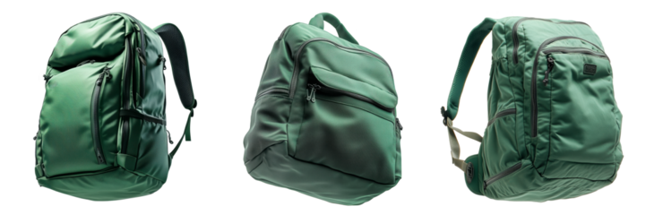 A set of Green backpack with multiple compartments, zippers, and adjustable straps, isolated on a transparent background. Durable and spacious backpack for travel, hiking, and everyday use.