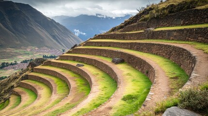 Ancient Incan stone terraces winding along a steep mountainside.
