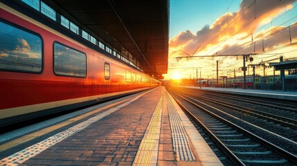 Naklejka premium Golden Hour at the Train Station, Scenic Railway Sunset