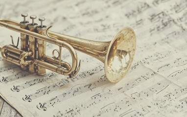 Vintage trumpet rests on aged sheet music.