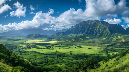 Naklejka premium Majestic Kauai Landscape: Mountains, Valleys, and Lush Fields