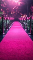Vibrant pink carpet leading to a glamorous event venue surrounded by greenery in a festive atmosphere
