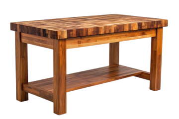 Sturdy wooden table with a natural finish ideal for dining or working in a cozy home setting