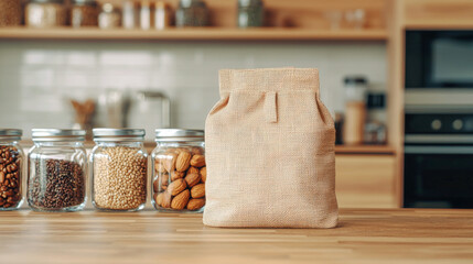 Eco-Friendly Reusable Fabric Bag on Wooden Kitchen Counter Surrounded by Glass Jars with Nuts and Seeds. Eco-Friendly Storage Concept. Copy space. Mockup