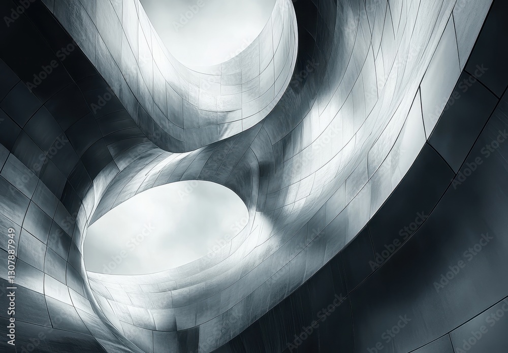 Poster abstract architectural design featuring smooth metallic curves and organic shapes creating a dynamic